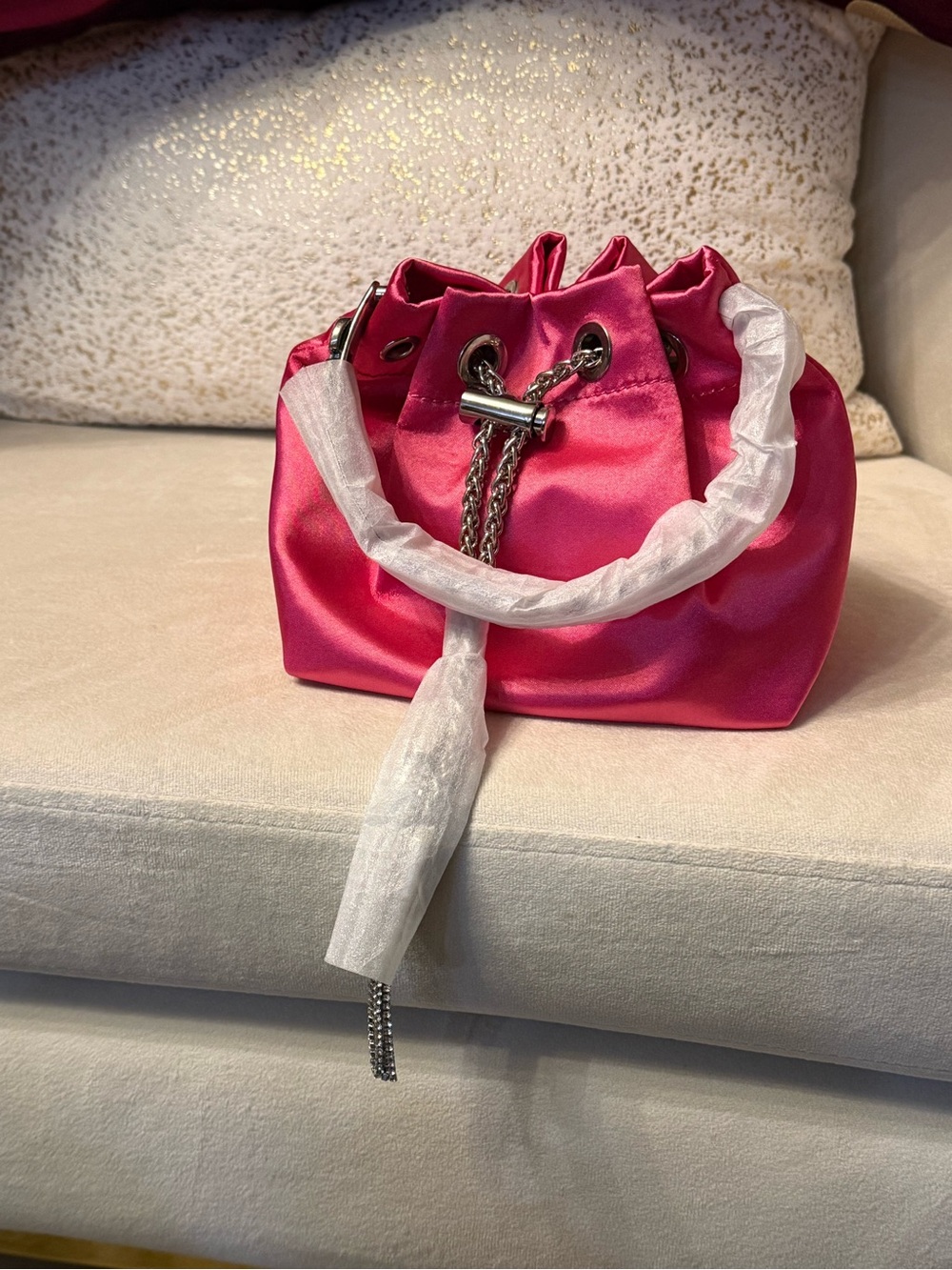 Satin Drawstring Mini Bucket Bag in Hot Pink